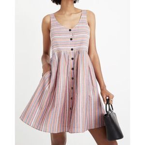 Madewell Scoopneck Tank Button Dress Rainbow Stripe Size Medium EUC Pockets